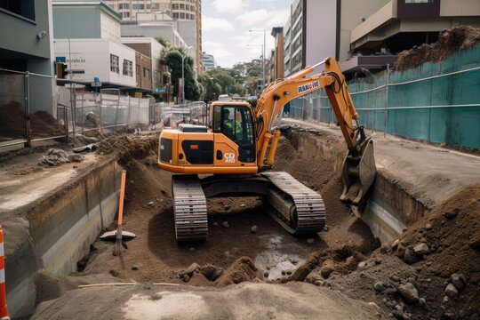Heavy duty construction equipment working at construction site. An excavator digging a deep pit on an urban road, AI Generated