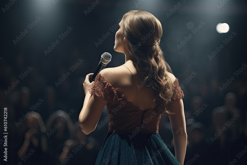 Poster beautiful young woman singing into a microphone on a dark background. an opera singer full rear view