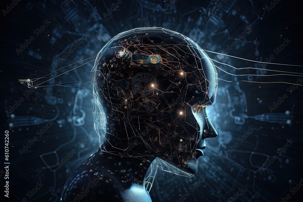 Poster 3d rendering of an artificial intelligence head with hud interface on dark background, artificial in