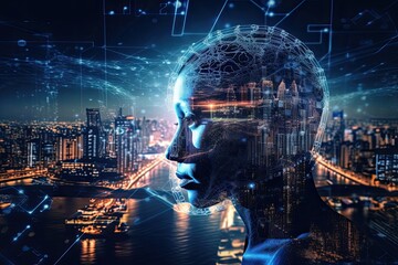 Double exposure of human head and cityscape background. Artificial intelligence concept, artificial intelligence taking over the world , AI Generated