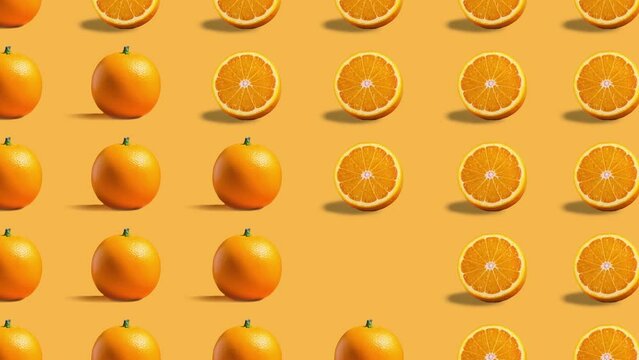 Stop motion Cut and whole Orange appear and disappear on pastel background. High quality video 4K. Detailed stop motion video. Background or wallpaper in food and drinks videos.