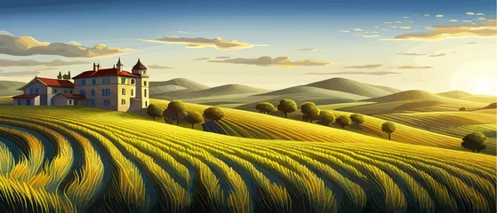 Keuken spatwand met foto Italy landscape with houses, fields, and trees in the background. Vector illustration. Flat design poster. European © Павел Кишиков