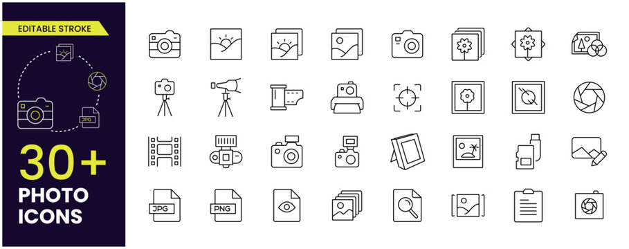 Set of photo and cameras, vector line icons. Contains symbols of portraits, family photos, Camera, Flim, Files and much more. Editable Stroke icons