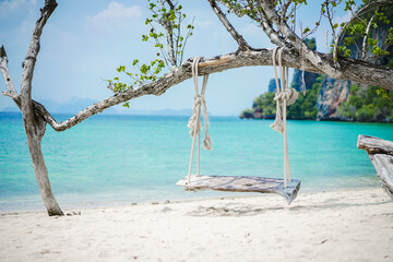 Wooden swing under the tree on the beach with beautiful natural scenery of Krabi Thailand. Beach and blue sea with wooden swings on island with beautiful view in tropical south of Thailand.