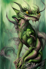 Fototapeta premium Fantasy dragon on a green background, generative AI