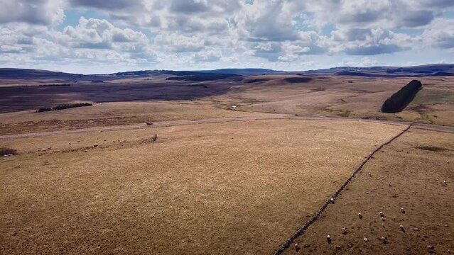 Drone dans l'Aubrac en Loz&egrave;re avec vue panoramique sur l'horizon - Vall&eacute;e sur une campagne champ&ecirc;tre