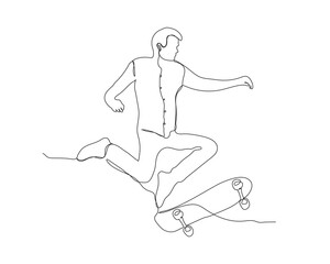 a man doing the flip on a skateboard Continuous line drawing. a man with a skateboard line art. jumping man with skateboard line art