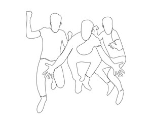 Three friend jumping together Continuous line art vector. man enjoy with friends line art. happy moment line art. friends jumping
