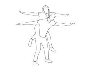 Couple are enjoying line art vector. happy friend enjoys line art. a guy carries a lady on her back Continuous line art. enjoy with friends