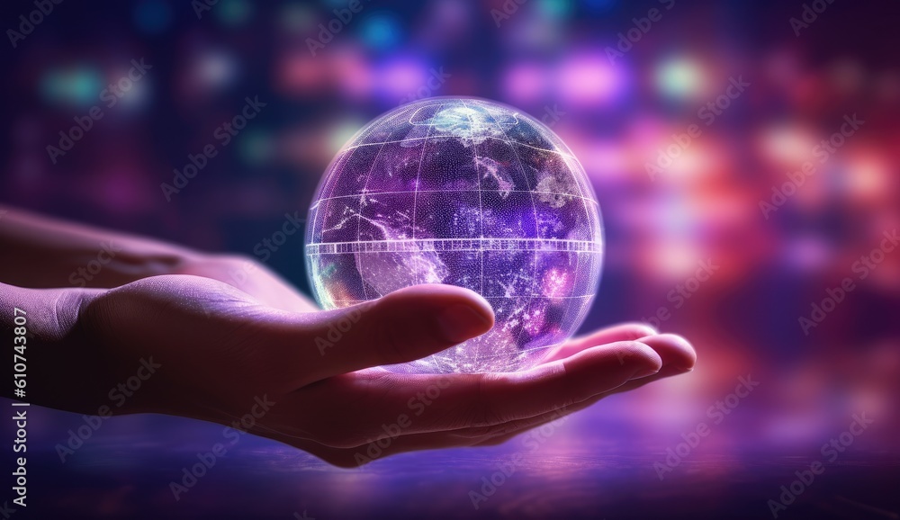 Poster a hand holding a small grey globe with lines around it generative ai