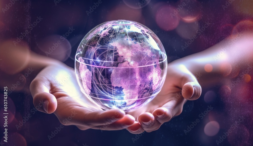 Poster a hand holding a small grey globe with lines around it generative ai