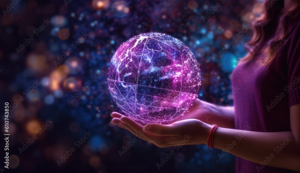 Poster a woman’s hand is holding an electronic globe with digits connecting lines around it generative ai
