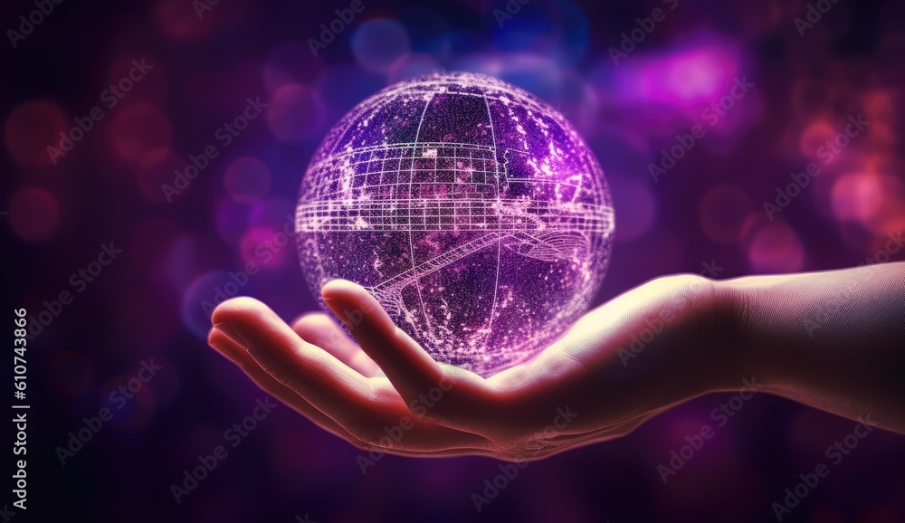 Poster a hand holding a small grey globe with lines around it generative ai