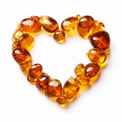 Amber gemstones in heart shape. Jewel isolated on white background. Created with Generative AI.