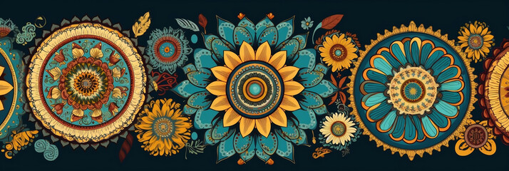 Abstract Bohemian Colourful Sun Flower Mandala Pattern Background Seamless Geometric Vintage Floral Wallpaper Banner Ornament Decoration Illustration, banner, generative AI