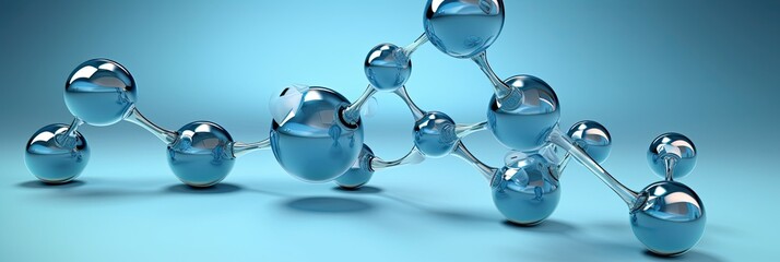 Banner 3d molecule or atoms close up on light blue background. Biochemical, pharmaceutical, beauty and other medical concept. Generative AI technology - obrazy, fototapety, plakaty