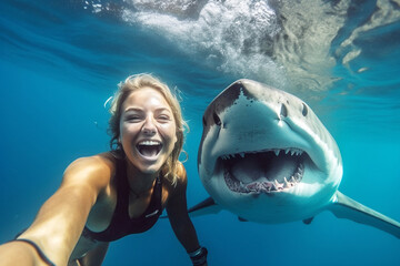 Swimmer woman selfie with great white shark underwater. Active holiday by the sea. Created with...