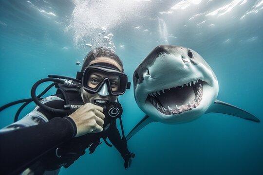 Scuba diver selfie with great white shark underwater. Active holiday by the sea. Created with Generative AI. 