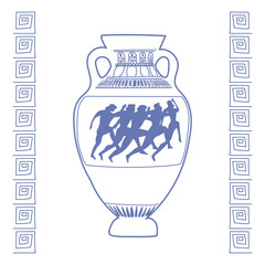 Greek antique amphora and square patterns on white background . Blue outline hand drawn doodle style vector illustration.