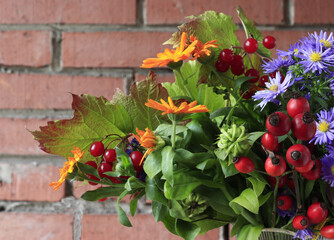 Bouquet of autumn flowers of calendula, aster, fruits of viburnum, wild rose.
