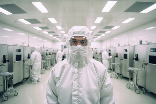 Portrait of a worker in a chip transistor factory in Taiwan