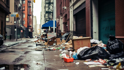 Fototapeta na wymiar Garbage and piles of junk in city street, old damaged neighbourhood needs cleaning