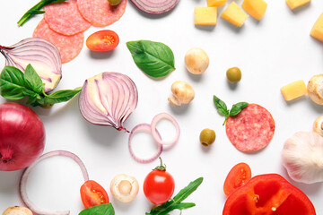 Ingredients for preparing pizza on white background