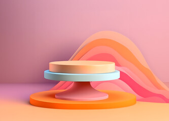Abstract minimal concept.  Round podium on vibrant colourful landscape. mountain background. Mock up template for product presentation. 3D rendering. copy text space