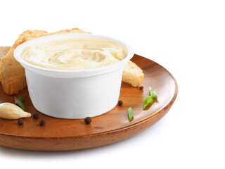 Plate with box of processed cheese and toasts isolated on white background