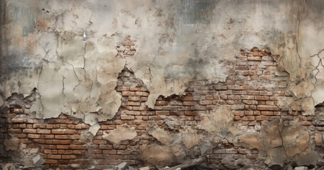 Old brick wall with traces of old plaster, ruined surface.