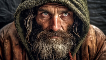 Homeless man sitting on the street with pile of junk, unhappy begging for help and money. Problems of big modern cities.