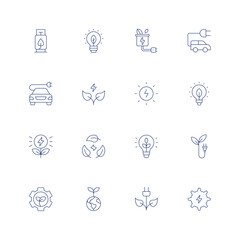 Green energy line icon set on transparent background with editable stroke. Containing hydrogen, bio energy, biomass, electric car, green energy, solar energy, sustainability, sustainable energy.