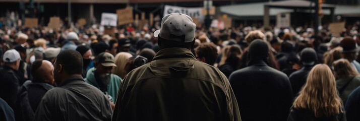 Obraz premium Back view of a man, crowd gathered to protest, banner, generative AI