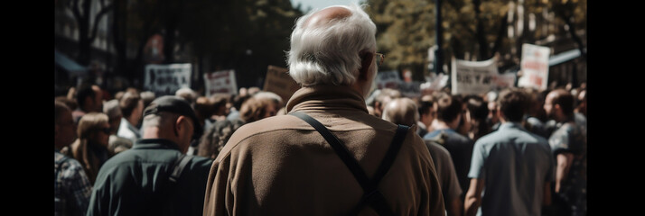 Back view of a man, crowd gathered to protest, banner, generative AI