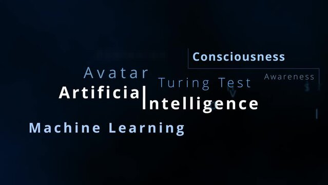 Artificial Intelligence tag cloud and word cloud with articifial intelligence terms like neural network, turing test, machine learning, natural language processing or algorithms digital transformation
