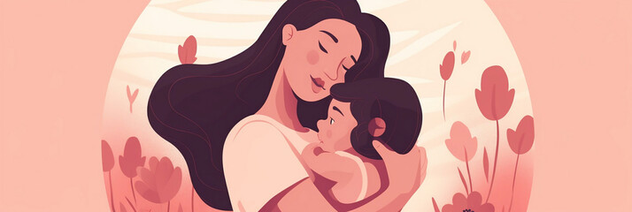 cartoon Illustration of mother with her little child, Concept of mothers day, banner, generative AI
