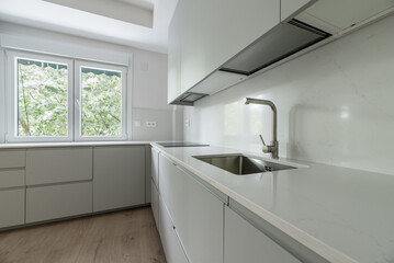 Fototapeta na wymiar Spacious kitchen equipped with gray cabinets