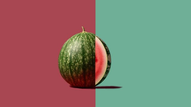 Stop motion Cut and whole Watermelon appear and disappear on pastel background. High quality video 4K. Detailed stop motion video. Background or wallpaper in food and drinks videos.