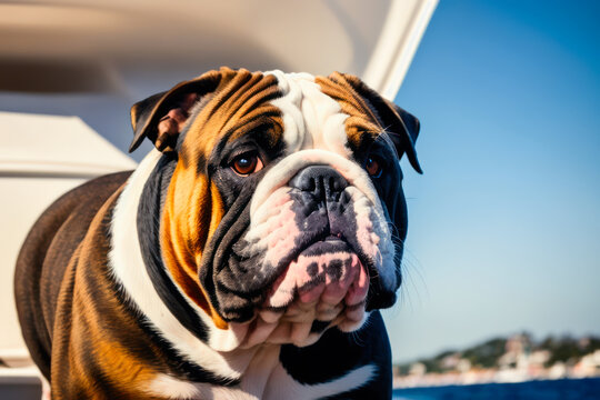 Digital photo of a cute English bulldog  at the luxury yacht on a sunny day. Wildlife imagery, the concept of ecological environment. Generative AI