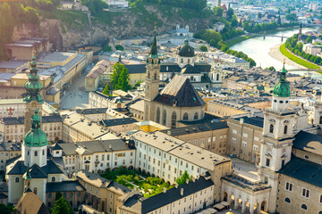 Fototapeta premium view from Hochensalzburg castle with a beautiful view of Salzburg Austria with many churches and towers