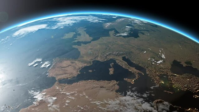 Earth from space flying over Europe: 3D animation of Globe, sunrise from space using 4k Images, Blue planet, Edge of Atmosphere, view from orbit,UK, France, Germany, Italy, Poland, Ireland, Netherland
