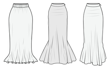Mermaid Skirts, Fishtail Skirts Fashion Illustration, Vector, CAD, Technical Drawing, Flat Drawing, Template, Mockup	