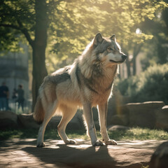 Fototapeta premium huge gray wolf in the park, sunny day, generative ai 