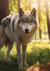 Fototapeta premium huge gray wolf in the park, sunny day, generative ai 