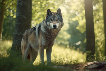 Obraz premium huge gray wolf in the park, sunny day, generative ai 