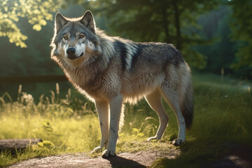 Naklejka na ściany i meble huge gray wolf in the park, sunny day, generative ai 
