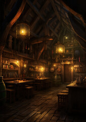 Fototapeta na wymiar inside tavern at night, interior, generative ai 