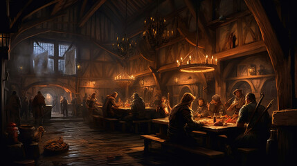 Obraz na płótnie Canvas inside tavern at night, interior, generative ai 