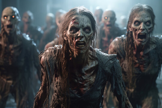 group of zombies coming towards the camera, apocalyptic, generative ai 