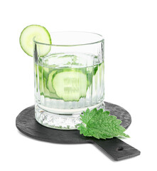 Board and glass of infused water with cucumber slices on white background